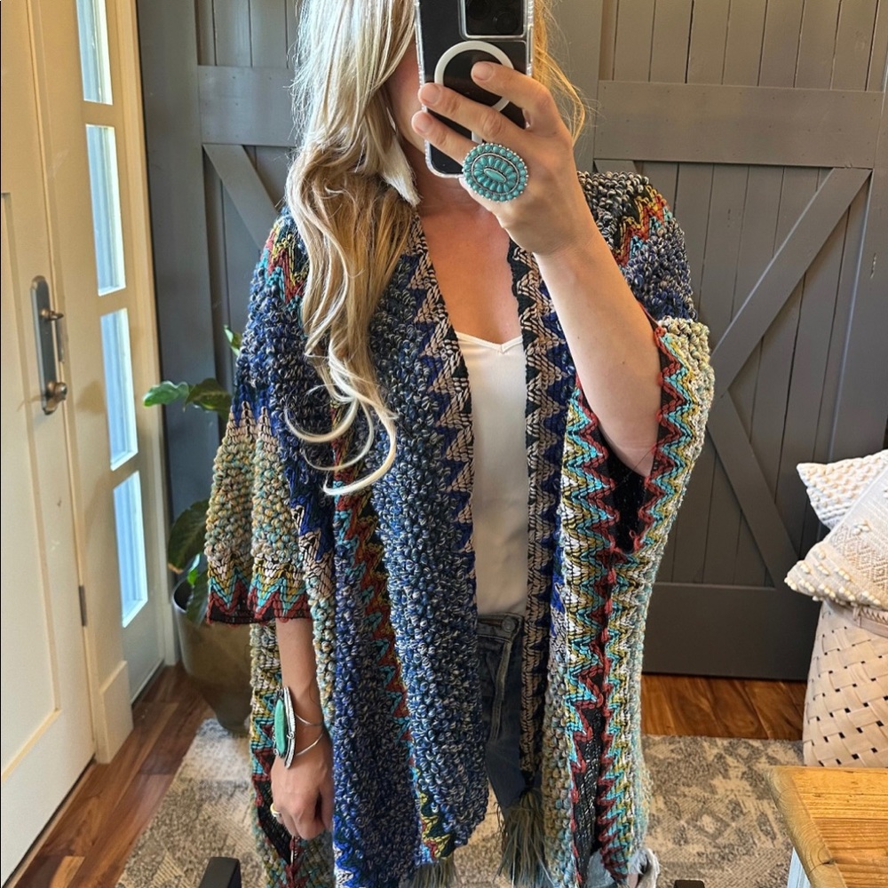 New Bohemian Loom Moroccan Knit Tasseled Blue Poncho Cardigan Sweater - Picture 5 of 11